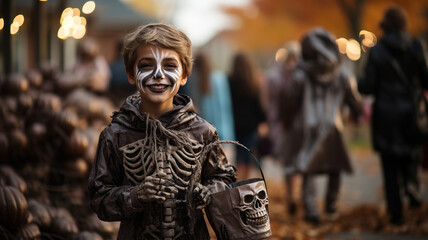 Happy Little Boy Trick or Treating. Cute  Little Child in Halloween Costume Hunting for Candiaes on October Night Outdoors. Happy Halloween concept, funny children in carnival costumes. Generative ai