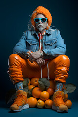 A man in sunglasses wearing blue shoes sitting on an orange background, in the style of fiber punk. Abstract artwork