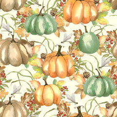 Autumn seamless pattern with pumpkins, yellow, green leaves, red berries, oak leaves on a white background. Watercolor print for Thanksgiving, harvest day, autumn farm fair, halloween.