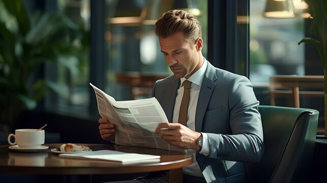 A businessman sitting at a table in a cafe drinking coffee and reading a news newspaper.