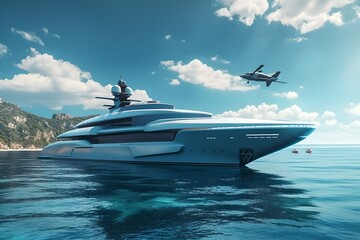 Naklejka premium The yacht swims in the sea. Sunny weather and sea, beautiful big yacht, rest in the ocean, illustration for a magazine created in artificial intelligence