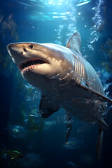 Concept photo of shark with mechanical body in the underwater