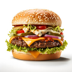 Juicy double hamburger isolated on white background. Minimal food poster design