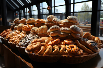 Various types of crusty Bread in the bakery with big windows.
