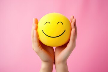 a person holding a yellow smiley face ball