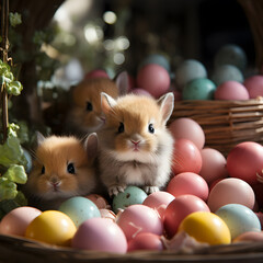Fototapeta na wymiar Little Easter rabbits surrounded with colorful eggs and flowers