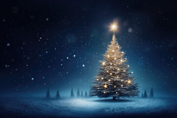 a beautifully lit Christmas tree standing tall in a picturesque snowy field