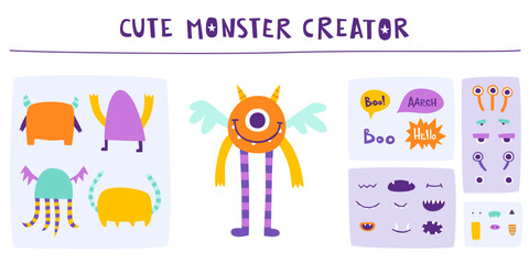 Funny monster constructor for kids. Custom cartoon monster creator from parts. Vector set of cute beast elements. © Sonium_art