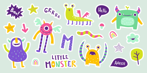 Set of cute doodle monster stickers. Vector collection of friendly beasts for kids. Bright cartoon monsters sticker bundle.