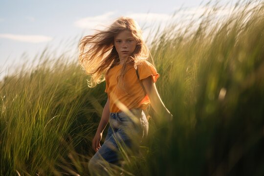 teenage girl walking through grass - Powered by Adobe