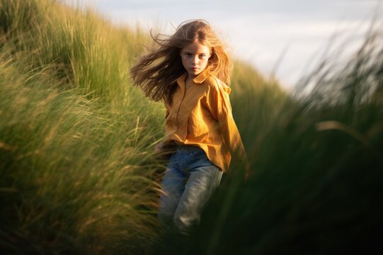 teenage girl walking through grass