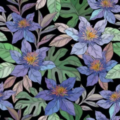 Tuinposter Seamless Pattern with Clematis Flowers on black © mirifadapt