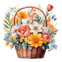 watercolor basket with wild flowers isolated on white background