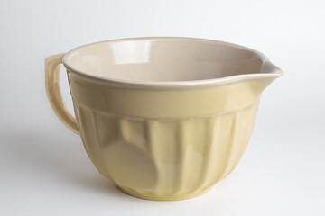 Traditional kitchen ceramic batter mixing bowl with handle and spout