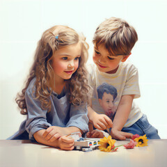 Children on white background. Boy and girl developing abilities