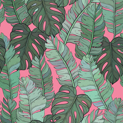 Jungle vector pattern with tropical leaves