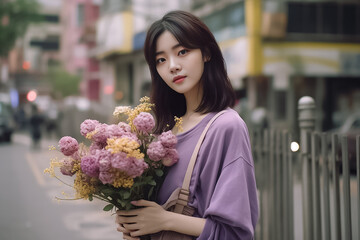 Fototapeta premium Pretty charming young woman with t shirt holding light pink flower inside road. Close up portrait of an attractive young woman holding bouquet and looking camera. Generative AI.
