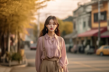 Fototapeta premium Pretty charming young woman with t shirt holding light pink flower inside road. Close up portrait of an attractive young woman holding bouquet and looking camera. Generative AI.