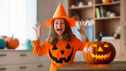 girl with carving pumpkin