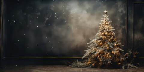 Minimalistic Christmas tree, fir on textured concrete background. New Year and Christmas mockup. Place for text.  Generative ai