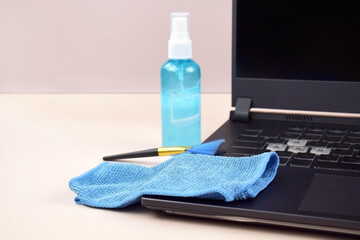 Keyboard, napkin, antiseptic and brushes on a white background.