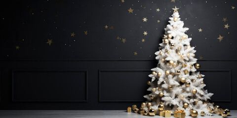 White decorated Christmas tree on textured black background. New Year and Christmas background. Place for text. Minimalism. Generative ai - obrazy, fototapety, plakaty