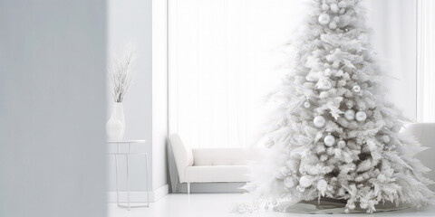 Minimalist Christmas tree, fir in white empty contemporary apartment. New Year and Christmas interior mockup. Place for text. Generative ai