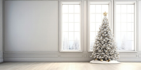 Minimalist Christmas tree, fir in white empty contemporary apartment. New Year and Christmas interior mockup. Place for text. Generative ai