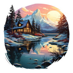 A serene and tranquil Christmas gift scene by a frozen lake, a wooden cabin nestled among snow-covered pines, Generative Ai