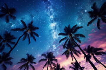 Palms trees in summer on a beach at night with clear night sky view. 