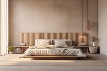 Fototapeta na wymiar Cozy beige Japandi bedroom Interior 3D render generative ai