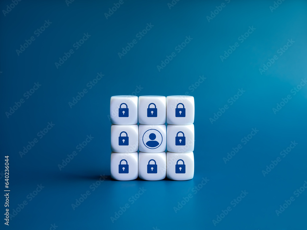 Poster cybersecurity, personal safety and privacy digital data protection concepts. person icon surrounded 