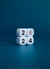 2024 Happy New year background banner. Numbers and target dart icon on white blocks stacked on blue background, vertical style. Welcome, Merry Christmas, and Happy New Year in 2024.