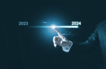 2024 business planning and strategy concept, Hand touching on download bar status to change from...