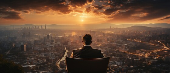 A businessman watches the city while sitting in a chair and smoking a cigar.. - obrazy, fototapety, plakaty