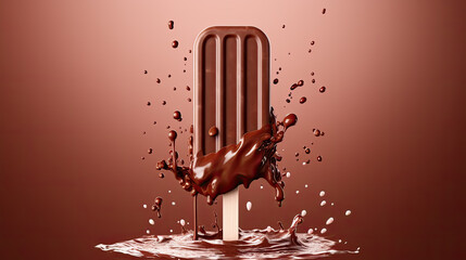 Captivating chocolate splash, centered around a luscious chocolate popsicle, set against a vibrant backdrop