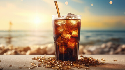 Chill with a Iced cold brew coffee in glass, waves lapping, hot sand beneath, summer's perfect blend of refreshment and relaxation