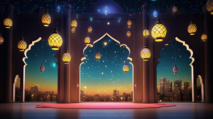 Vibrant Ramadan Kareem Islamic backdrops adorned with lanterns, radiating festive hues and spiritual warmth - obrazy, fototapety, plakaty