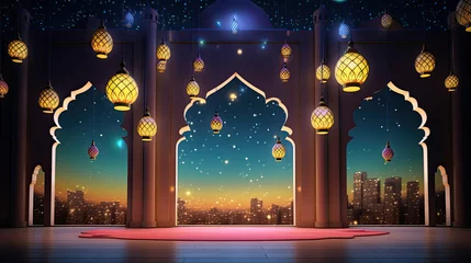 Fotobehang Vibrant Ramadan Kareem Islamic backdrops adorned with lanterns, radiating festive hues and spiritual warmth © ArYu Photography