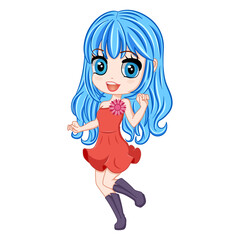 Dancing Chibi Girl with Blue Hair. Vector Illustration Cartoon Character Anime