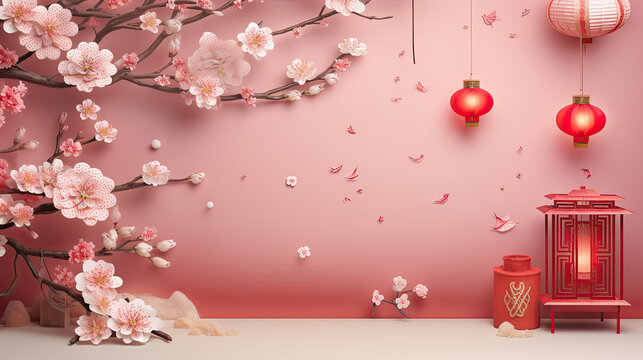 Paper art lanterns and sakuras adorn our Lunar New Year banner, Happy New Year in elegant Chinese characters on a spring couplet