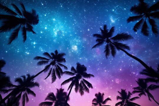 Palms trees in summer on a beach at night with clear night sky view - Powered by Adobe