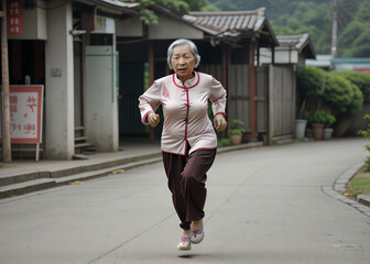 old Asian woman running on the outskirts of her city