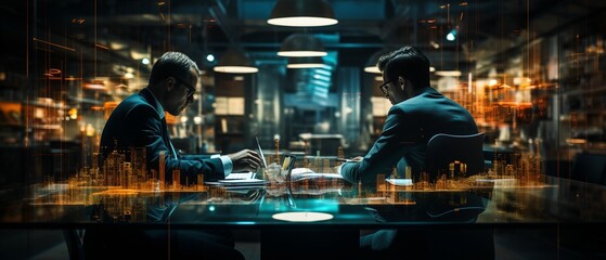 Multiple lines of computer code are placed over a digitally altered image of two dashing businessmen working in the office..