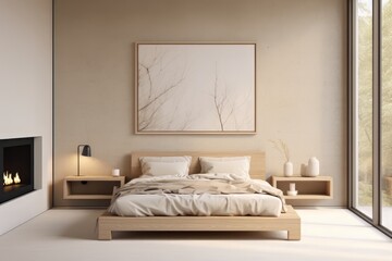 Cozy beige Japandi bedroom Interior 3D render generative ai - obrazy, fototapety, plakaty