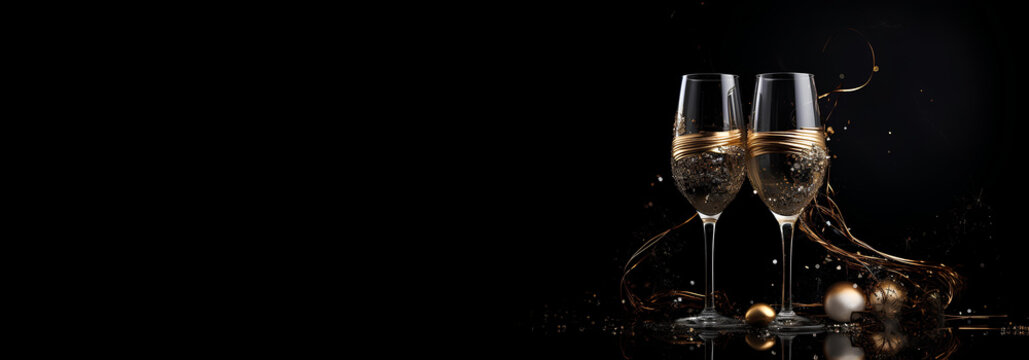 Two glasses of champagne on a black festive background.