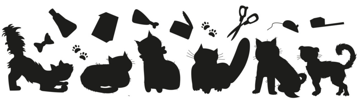 Cat silhouettes with various items for pets care set vector illustration isolated on white background. Outlines of cats and goods for pet care and grooming.