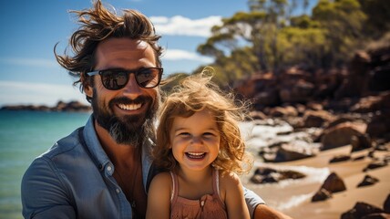 Fototapeta premium Father standing by the water with a baby girl in his arms..