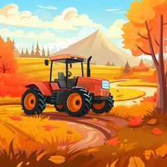 Autumn rural landscape and tractor working on field..