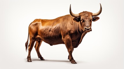Bull with horns stands full length on isolated white background, generative ai